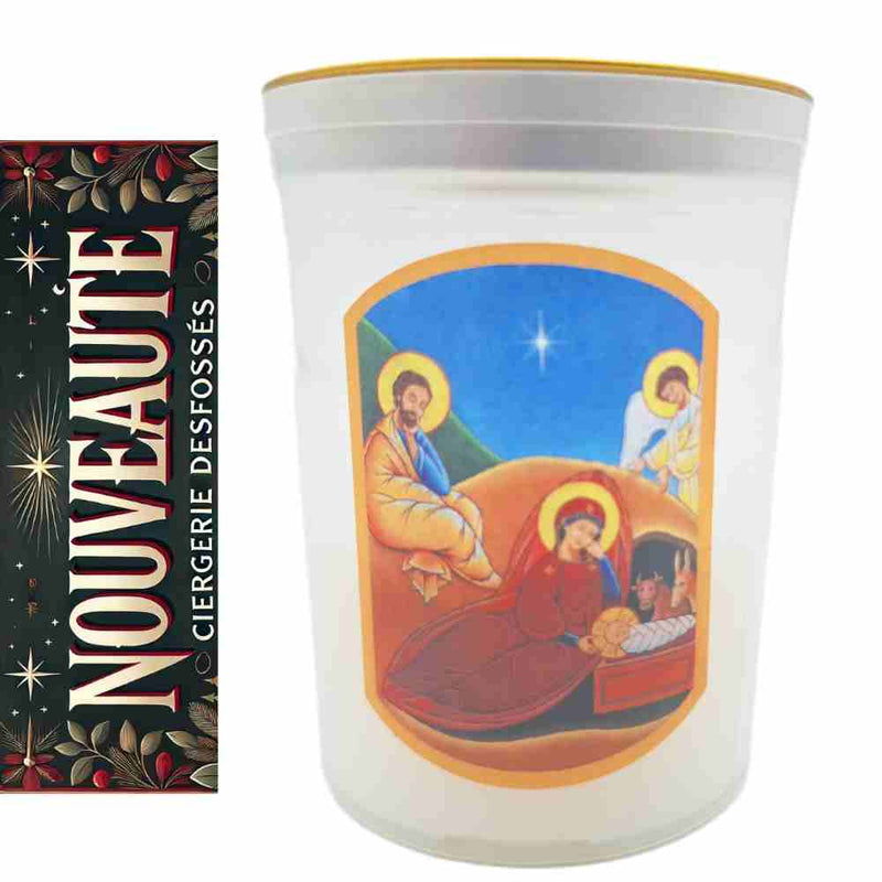 Veilleuse votive Nativité au godet blanc. Durée 28h. H 8cm diam 6.5cm plastique recyclé. Ciergerie Desfossés