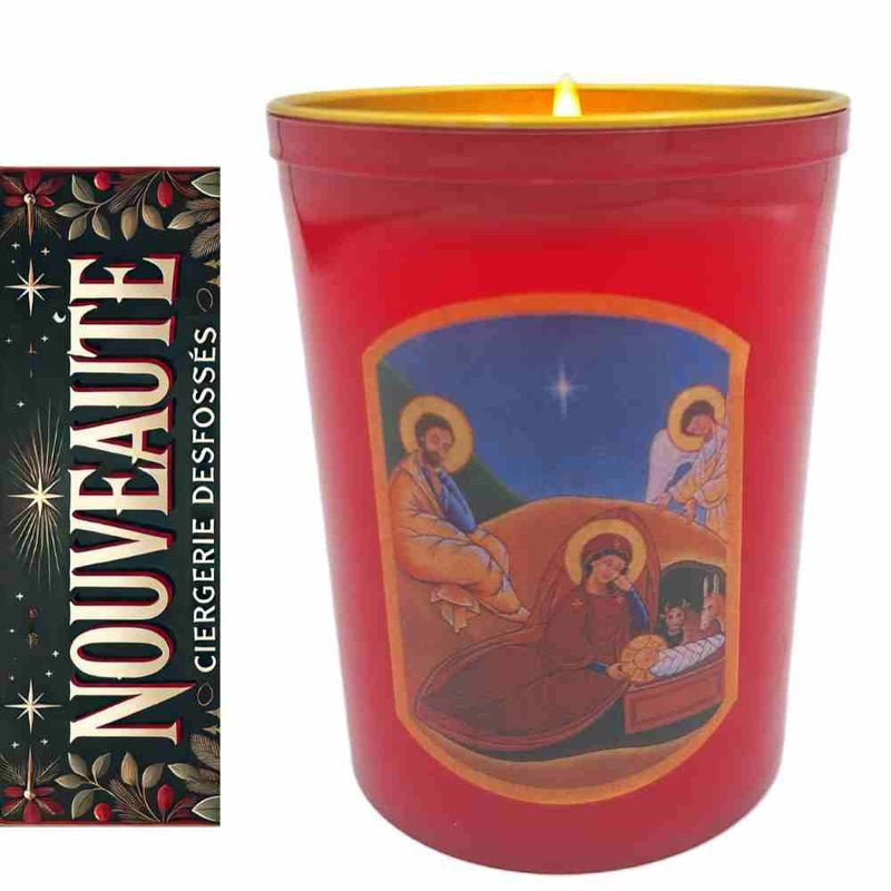 Bougie, veilleuse votive Noël et la Nativité. Durée de combustion 28h. Contenant en plastique recyclé et recyclable.  Diamètre 6.5 cm et hauteur 8 cm. Ciergerie Desfossés