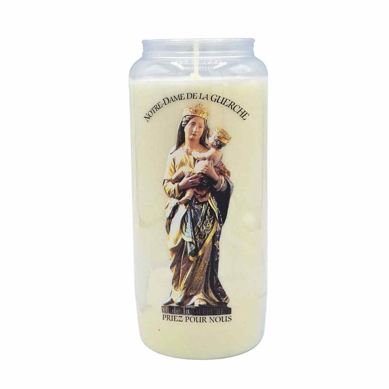 Bougie votive effigie Notre Dame de La Guerche. Cire végétale. Contenant translucide plastique recyclé L04. Combustion environ 6 jours. Ciergerie Desfossés