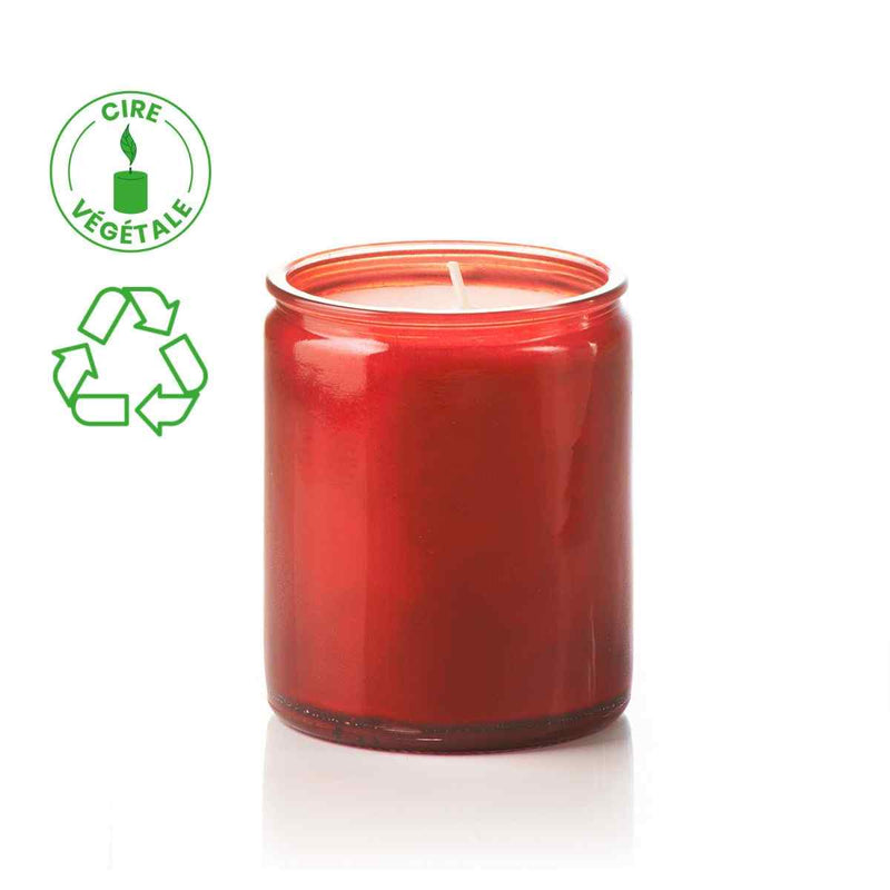 Veilleuse votive Lumière d'Evangile rouge. Cire végétale, verre recyclable. Durée de combustion 55h environ. Ciergerie Desfossés